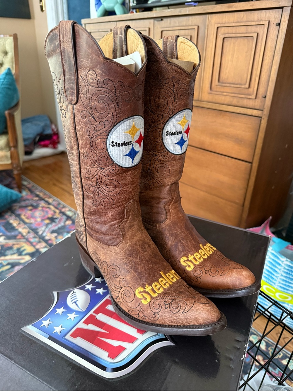 WmSz 10 Old Pro Leather Pittsburgh Steelers Tan Brown Cowboy Boots-Official NFL
